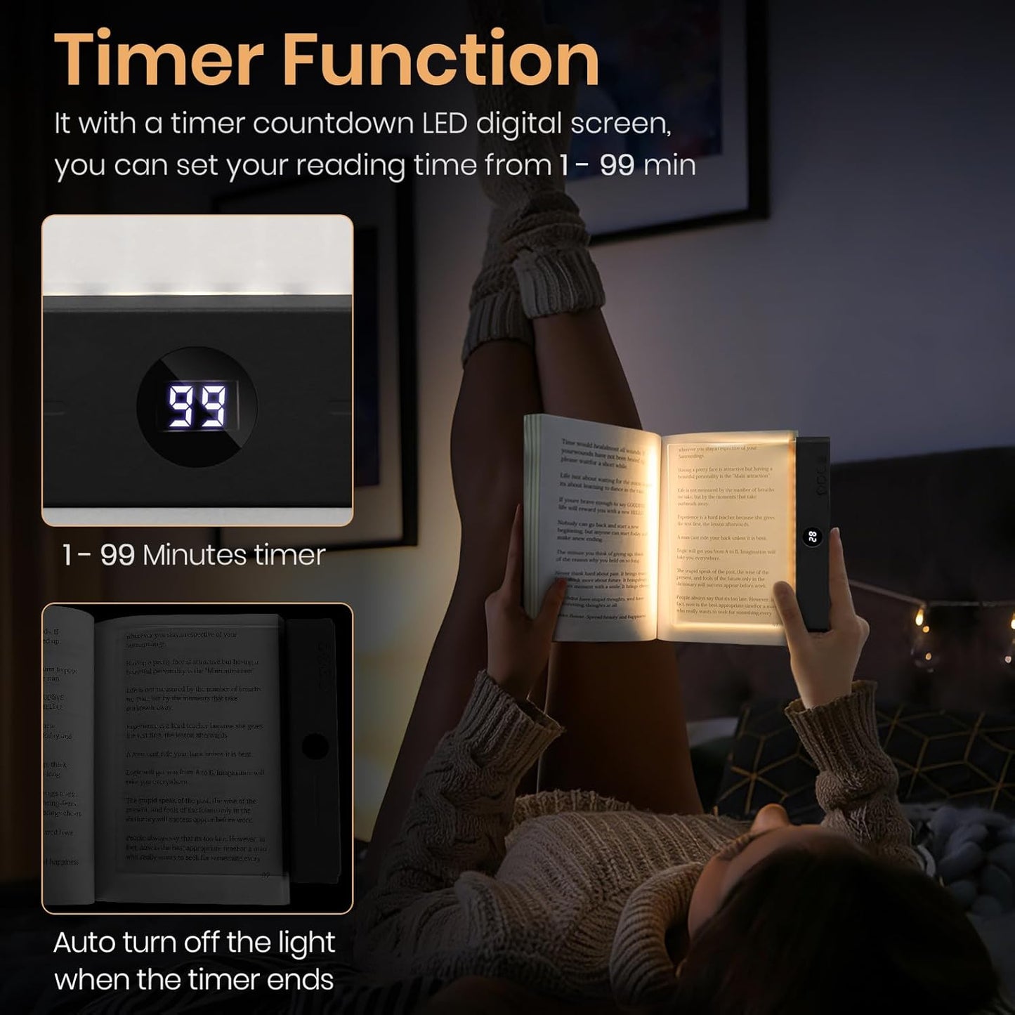 Book Light, Rechargeable Clear LED Flat Reading Light for Reading in Bed at Night with 3 Colors & Timer, Dimmable Full Page Panel Plate Lamp, Bookish Gifts for Readers Kids Women Men (Black)