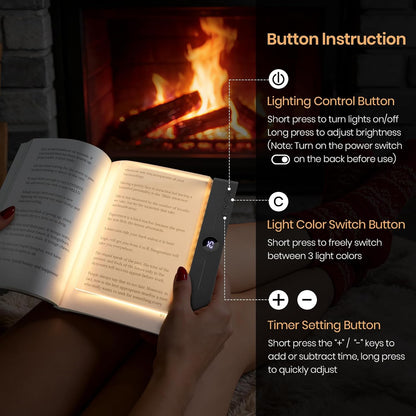 Book Light, Rechargeable Clear LED Flat Reading Light for Reading in Bed at Night with 3 Colors & Timer, Dimmable Full Page Panel Plate Lamp, Bookish Gifts for Readers Kids Women Men (Black)